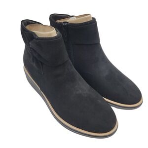 Clarks Sharon Salon Black 11W Wide Suede Bow Wedge Ankle Boots Booties